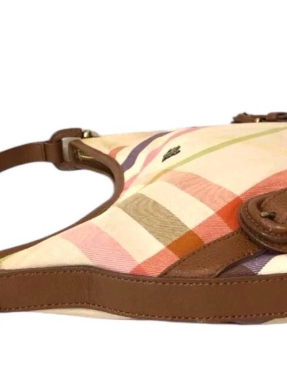 Burberry Pastel Plaid Canvas Shoulder Bag with Brown Leather Trim